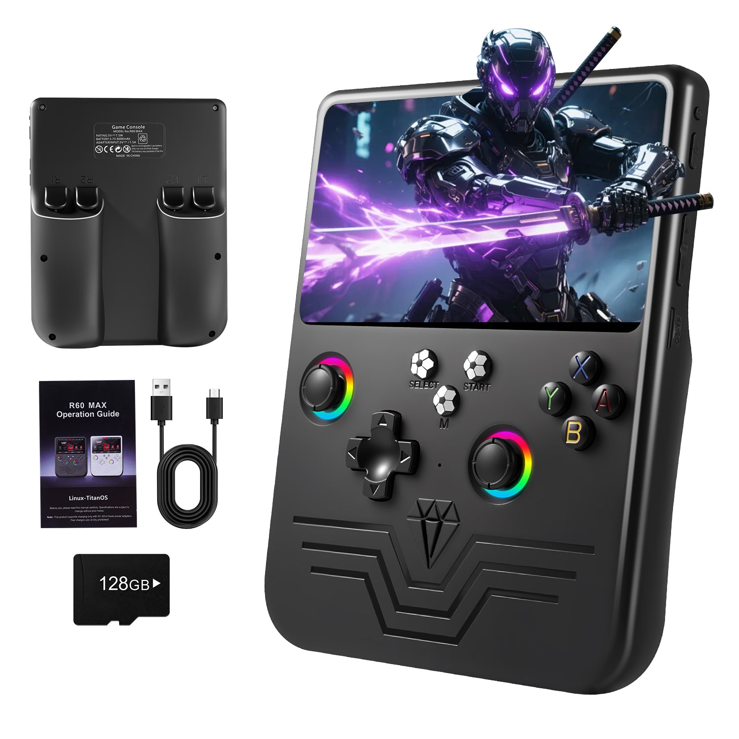 GWALSNTH R60 Max Handheld Game Console, 128GB Retro Gaming Console with 40000+ Games, 6-Inch IPS Screen, Linux System, RGB Joysticks, 6000mAh Rechargeable Portable Gaming System