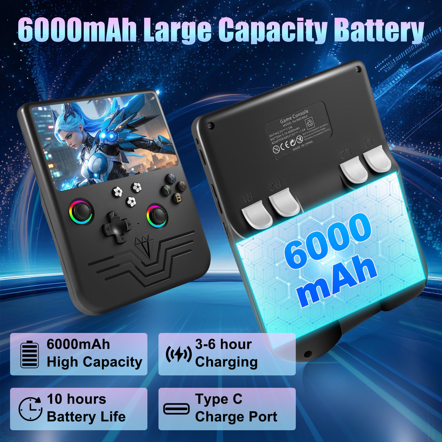 GWALSNTH R60 Max Handheld Game Console, 128GB Retro Gaming Console with 40000+ Games, 6-Inch IPS Screen, Linux System, RGB Joysticks, 6000mAh Rechargeable Portable Gaming System