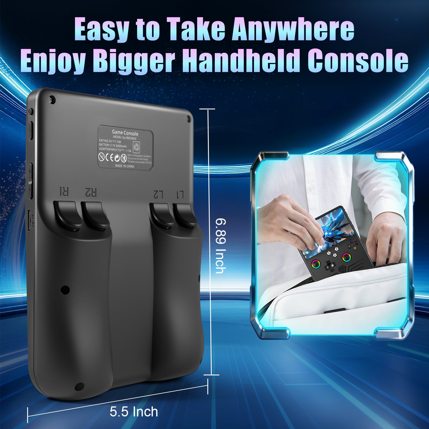 GWALSNTH R60 Max Handheld Game Console, 128GB Retro Gaming Console with 40000+ Games, 6-Inch IPS Screen, Linux System, RGB Joysticks, 6000mAh Rechargeable Portable Gaming System