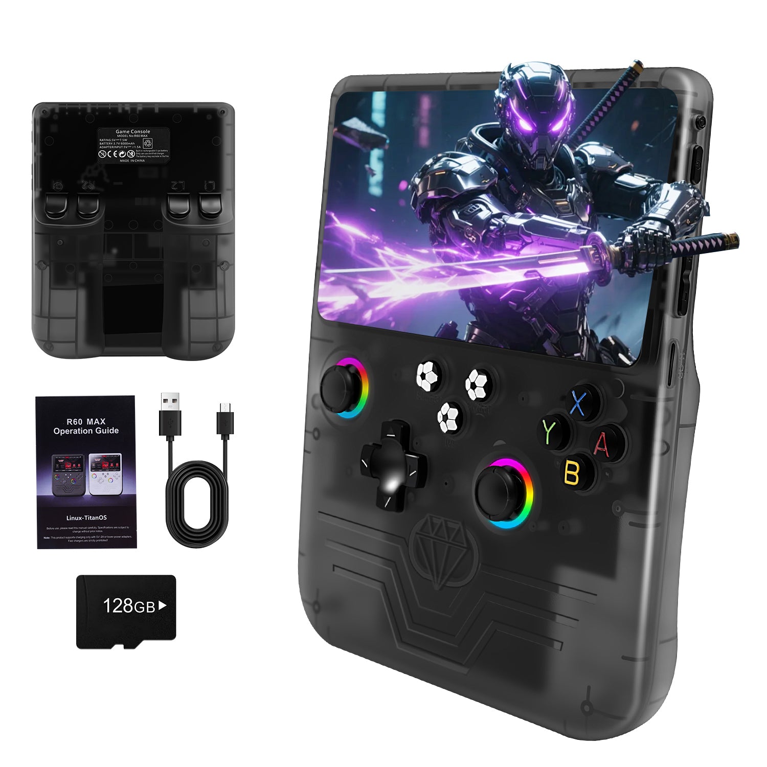 GWALSNTH R60 Max Handheld Game Console, 128GB Retro Gaming Console with 40000+ Games, 6-Inch IPS Screen, Linux System, RGB Joysticks, 6000mAh Rechargeable Portable Gaming System