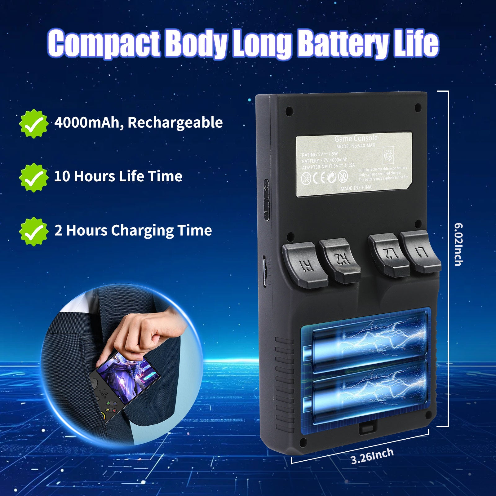 GWALSNTH V40 MAX Retro Handheld Game Console, 4.0 Inch 4K IPS Screen, 40000 in 1 Preloaded Games with 256G TF Card, Built-in 50+ Emulators, 4000mAh Long Battery Life, Portable Pocket Video Game Player for Kids Adults Gift