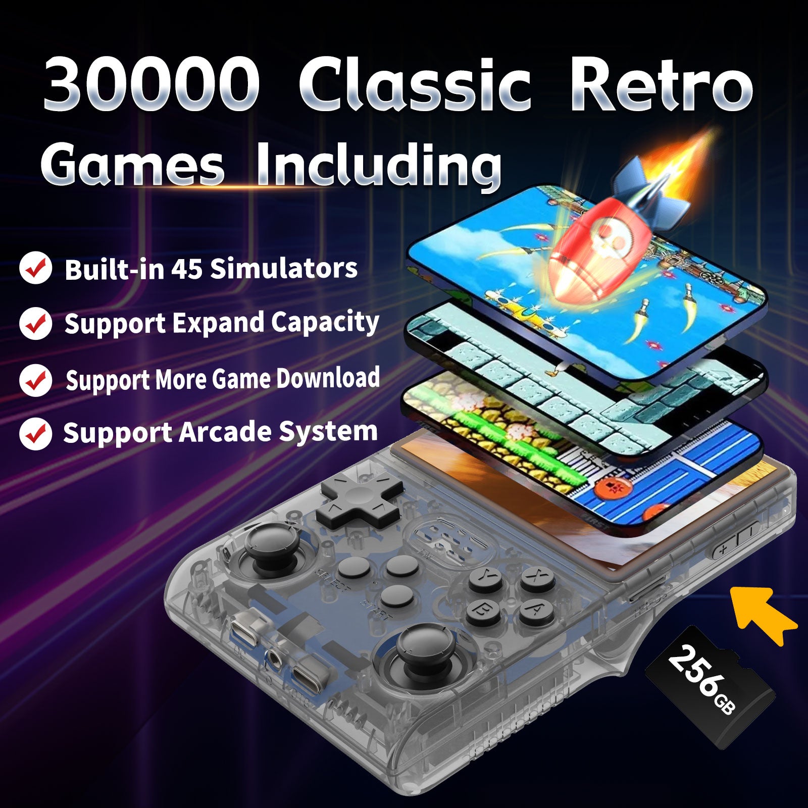 GWALSNTH R40S Pro Handheld Game Console,30000 HD Games Mini Retro Gaming Console,3.5-Inch IPS Screen,Built in 45 Emulators,256GB SD Card,3800mAh Battery